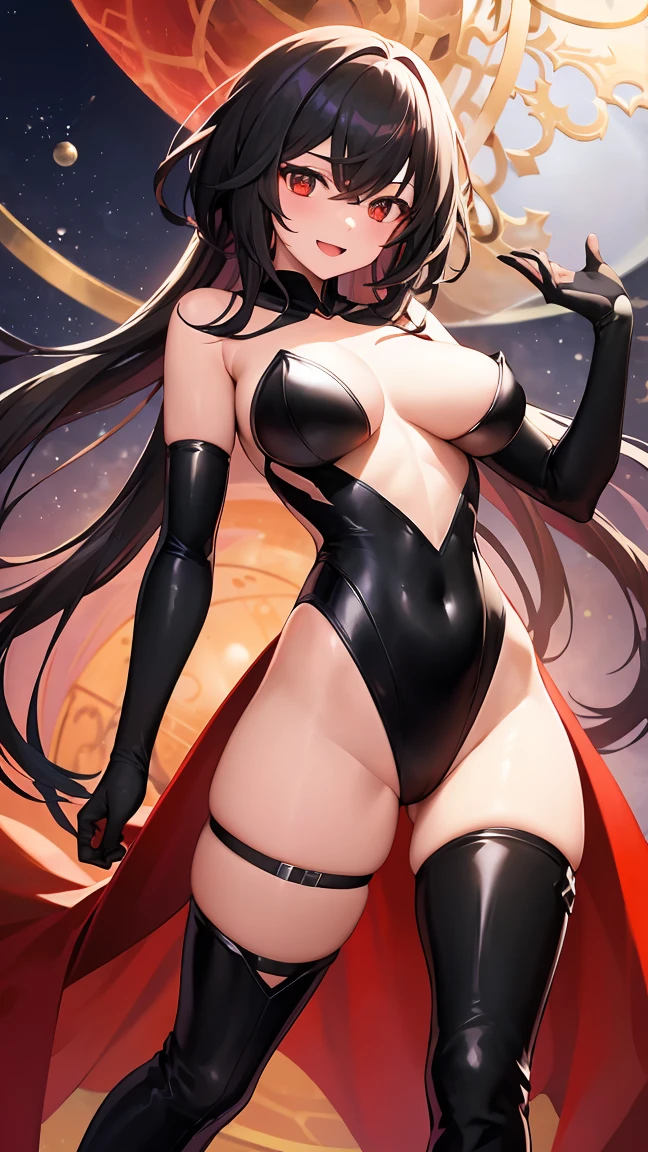 1 girl。Her body is curvaceous.、Have big breasts、smile, With clear eyes and an open mouth。Arms are lowered。She has short black hair and bright black eyes..(red, black, long globe, long knee high boots, high leg, black leotard, taimanin suit:1.8)(taimanin:1.3) , taimanin, taimanin, taimanin,