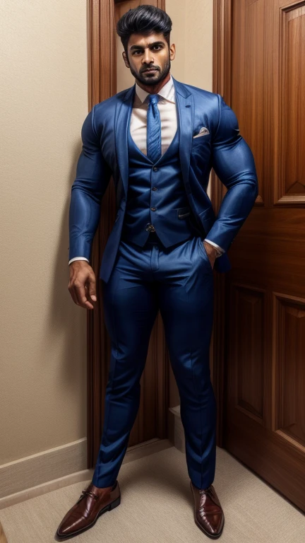 Handsome Indian GURJAR man in tight formal suit and little trouser pull down with hand, huge bulge, head to thigh, from front view, realistic, hd, hdr