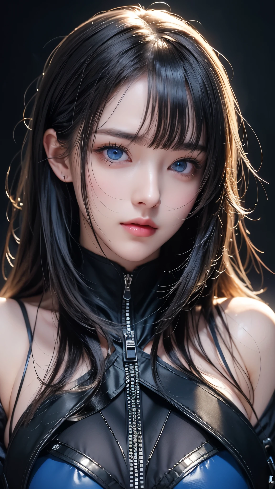 masterpiece, Highest quality, Very detailed, Facing the camera, 複雑に詳細なSuper detailed, Realistic, Sharp features, Very detailed, Sharp focus, Perfect Face, Perfect Face, Perfect symmetrical perfect eyes, Perfect Plump Lips, Flexible female form, Cinematic, Film Light, Super detailed, hyper Realistic, masterpiece, Atmospheric, High resolution, Vibrant, Dynamic Studio Lighting, ((Dark Background)), The expression when receiving pleasure, Straight bangs, blue eyes,Black sweater, Cowboy Shot, Big Breasts,zipper