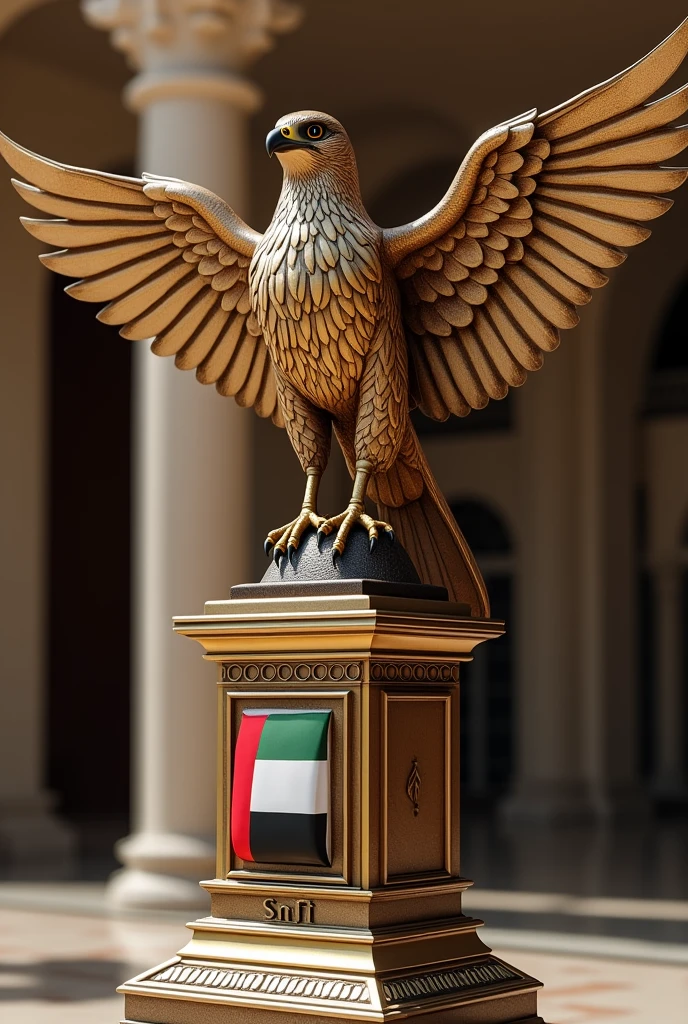 Falcon statue with UAE flag and SNAFI name in professional and luxurious way With bridal clothing logo