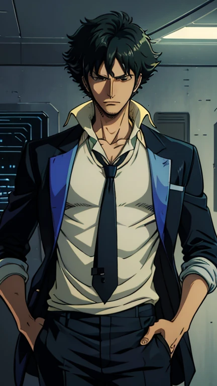 (1boy, spikespiegel, formal, suit, jacket, necktie, pants), (extremely detailed CG unit 8k wallpaper),(master part), (best quality), (ultra detail), (best illustration),(melhor ombre), cowboy shot, (Sharp eyeliner, ombre, detailed eyes:1), Spaceship bridge, break , (one piece style), upper body,