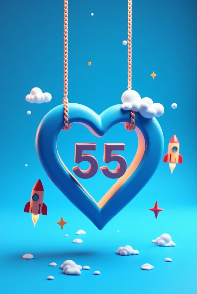 Create the number 55 style swinging in blue color inside the blue heart and a rocket on the side write make a heart make a heart because the people chose the champion 