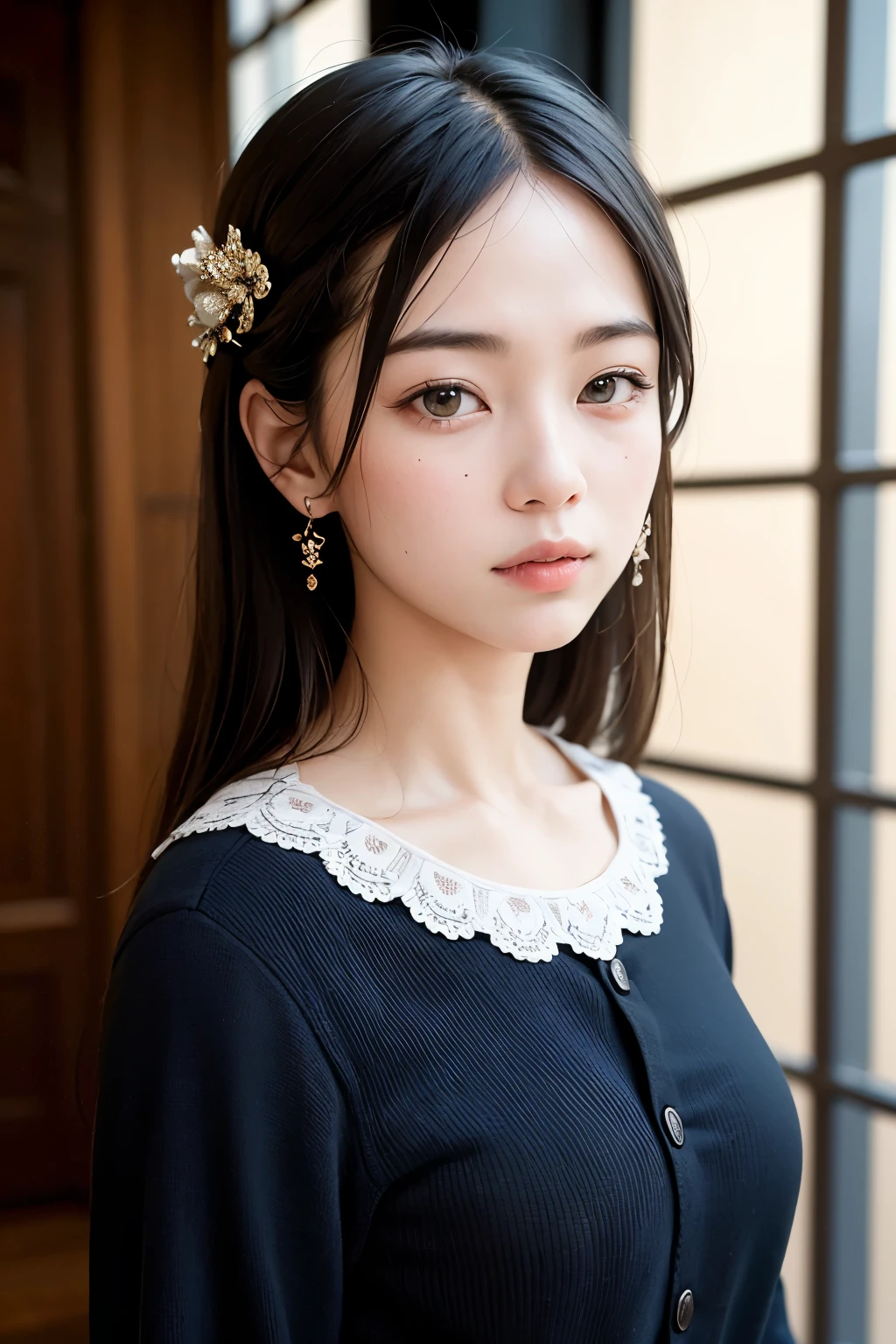 (masterpiece, Highest quality),one person's, alone, Black-haired, scarf, Have, Realistic, Realistic, Looking at the audience, Light-coloured black eyes, Short brunette bob, Brown coat, Winter clothes, White headscarf, lips, prohibit, Plein Air, Mouth closed, Upper Body、Big eyes、eyelash、((Beautiful scenery of sparkling snow))、(((Short bob hair with bangs、Shiny Hair、Big eyes、large full chest、Highlights the eyes、Gazing at the audience、Beautiful beauty、Listen carefully、Long neck、Very happy smile、laugh、口を閉じてlaughください、Ideal body type)))、{Huge|big|Hugeな|Mega} chest:2, chestの谷間:2、