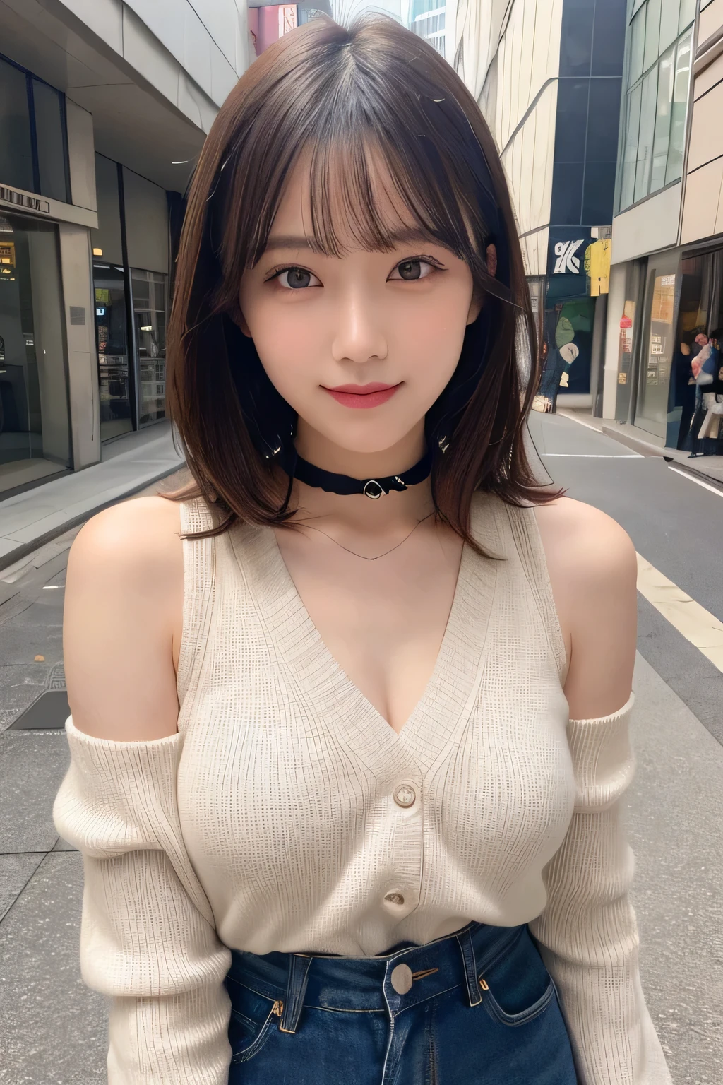 masutepiece, Best Quality, Illustration, Ultra-detailed, finely detail, hight resolution, 8K Wallpaper, Perfect dynamic composition, Beautiful detailed eyes, doress,Medium Hair, mid-chest, Natural Color Lip, Random and sexy poses,Smile,Aoyama Street Walk、20 years girl、Colossal 、Too much exposure、No shoulder knitwear(shuicolor)、Exposing the chest、Slid、Choker with chain, Large Breasts, Slim body,
