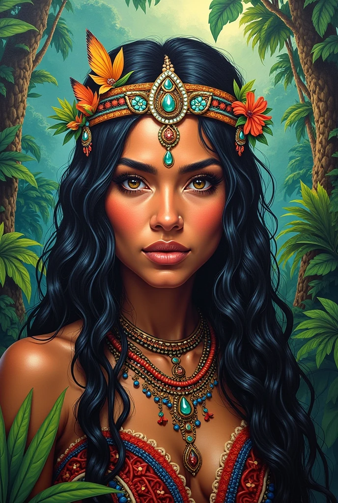 Portrait of an indigenous woman in the jungle, colorful painting