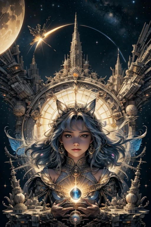 A light sky battle ship surround by the magician circle with inside the orb has a diamond, many shining butterfly, sparkle sky, shining, gust of wind, light bright flowers, sun and moon, dark light of fantastic and cosmological with universal. Amazing view very bright and warm starry. Detail, HD, Enchanted. Dynamic, Gorgeous, Multiple colours. Beautiful perfect face and anatomy. Amazing bright clothes. Very epic and bright. Handsome. Sky half bright, half starry dark, split up sky into day and night.