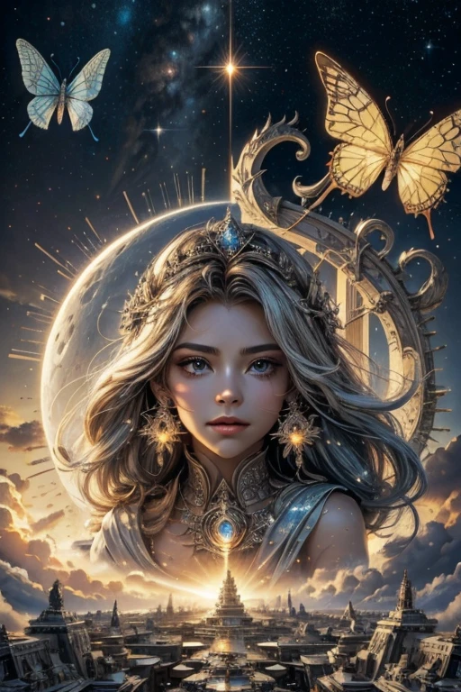 A light sky battle ship surround by the magician circle with inside the orb has a diamond, many shining butterfly, sparkle sky, shining, gust of wind, light bright flowers, sun and moon, dark light of fantastic and cosmological with universal. Amazing view very bright and warm starry. Detail, HD, Enchanted. Dynamic, Gorgeous, Multiple colours. Beautiful perfect face and anatomy. Amazing bright clothes. Very epic and bright. Handsome. Sky half bright, half starry dark, split up sky into day and night.