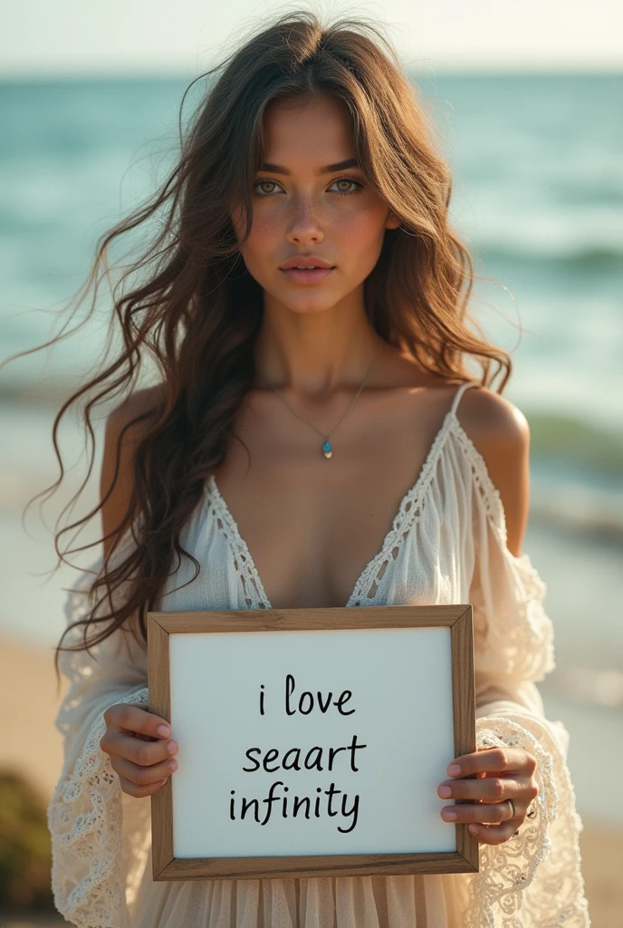 Beautiful girl with wavy long hair, bohemian dress, holding a white board with text "I Love Seaart Infinity" and showing it to the viewer
