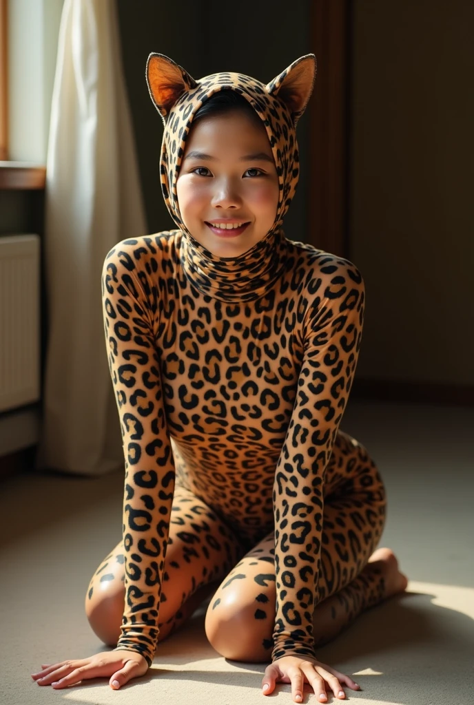 The beautiful asian muslumah adult girl with beautiful cheeks wears wild leopard print lycra turtleneck unitard catsuit covered with spots and wild leopard print lycra elastane stretchy dancewear 100% stretchy hijab covered with spots.She is happy to crawl.She always put fake cat whsikers and nose that are made of black makeup marker pen.




