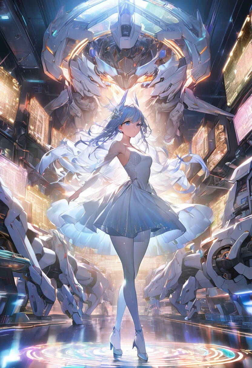 (1girl:1.3),full_body,White and blue mechs,(gundam:0.5),highly realistic,glassy translucence,graceful poses,blink-and-you-miss-it detail,Sci-fi light effects,(Illuminated circuit board:1.6),