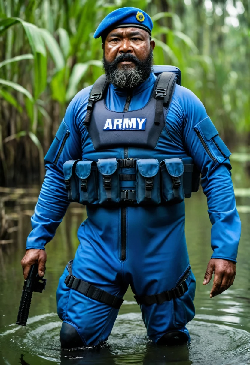 (a dark-skinned bearded fat old man in a bulky blue zipper diver suit) patrolling in the swamp, shooting with gun and (wearing army beret), muscular, Basuki Abdullah, sumatraism, action, a character portrait, heroic, fierce, angry
