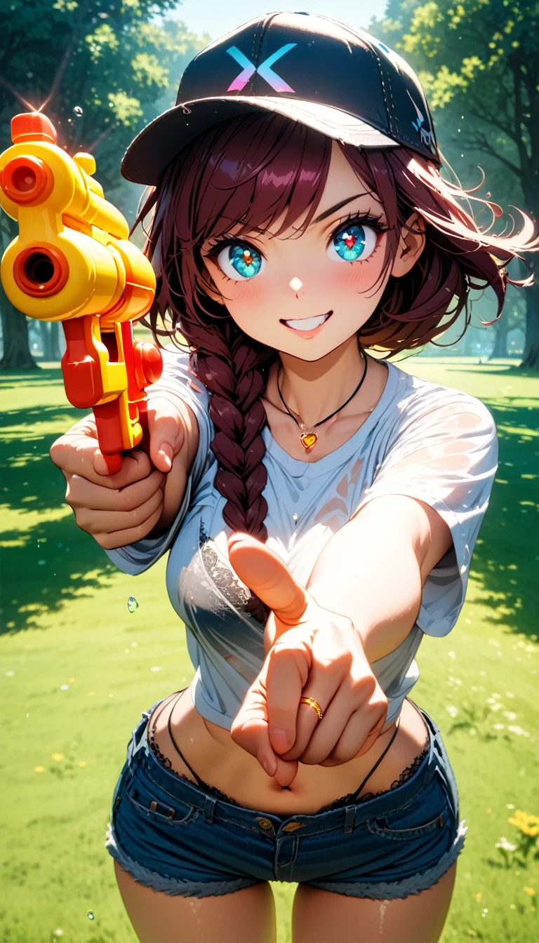 (masterpiece, very aesthetic:1.4), best quality, incredibly absurdres, Accurate, intricate, 8K, stunning, stylized, 
ultra-detailed, (incredibly detailed:1.2), fine texture, 
cinematic, recent, (vibrant:1.2), (clear pictures, clean lines, crisp edges), illustration, (soft lighting:1.2), 
cowboy shot, 
BREAK 
1 beautiful girl, 18yo, small face, beautiful detailed face, narrow waist, The beauty and danger of growing from a girl to an adult, A symbol of miraculous beauty, Graceful posture, sensual, bewitching woman, (medium breasts:0.8), 
(burgundy hair, a long single braid hair:1.4), asymmetrical bangs, smooth hair, 
BREAK 
(aqua blue eyes), black oblong pupils, (slant eyes, glass-like sparkling eyes are blurry and dreamy, beautiful detailed eyes, growing eyes, long delicate eyelashes, Meticulous Eyelash Details), 
BREAK 
(black lace bra:0.8), 
(see-through wet:0.2) white t-shirt, 
(denim shorts over black thong:1.2), 
baseball cap, 
(a tiny heart-shaped golden colored ring pendant:1.4), 
BREAK 
sunny afternoon, 
in a vast, lush green park, wide open lawns, 
a water gun shoots out water at the moment, 
(pointing the water gun at the viewer:1.4), other hand is down, 
BREAK 
gorgeous lips, natural pink lips, beautiful detailed lips, Glossy, 
(grin:1.2),  perfect eyes, 