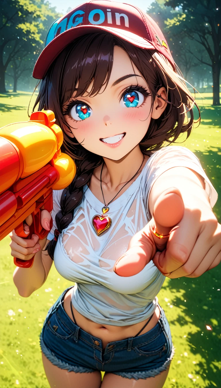 (masterpiece, very aesthetic:1.4), best quality, incredibly absurdres, Accurate, intricate, 8K, stunning, stylized, 
ultra-detailed, (incredibly detailed:1.2), fine texture, 
cinematic, recent, (vibrant:1.2), (clear pictures, clean lines, crisp edges), illustration, (soft lighting:1.2), 
cowboy shot, 
BREAK 
1 beautiful girl, 18yo, small face, beautiful detailed face, narrow waist, The beauty and danger of growing from a girl to an adult, A symbol of miraculous beauty, Graceful posture, sensual, bewitching woman, (medium breasts:0.8), 
(burgundy hair, a long single braid hair:1.4), asymmetrical bangs, smooth hair, 
BREAK 
(aqua blue eyes), black oblong pupils, (slant eyes, glass-like sparkling eyes are blurry and dreamy, beautiful detailed eyes, growing eyes, long delicate eyelashes, Meticulous Eyelash Details), 
BREAK 
(black lace bra:0.8), 
(see-through wet:0.2) white t-shirt, 
(denim shorts over black thong:1.2), 
baseball cap, 
(a tiny heart-shaped golden colored ring pendant:1.4), 
BREAK 
sunny afternoon, 
in a vast, lush green park, wide open lawns, 
a water gun shoots out water at the moment, 
(pointing the water gun at the viewer:1.4), other hand is down, 
BREAK 
gorgeous lips, natural pink lips, beautiful detailed lips, Glossy, 
(grin:1.2),  perfect eyes, 