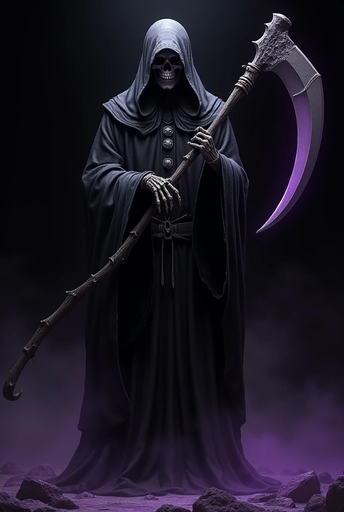 Dark hooded robe, bony hands holding a large scythe, black background with purple dim glows

