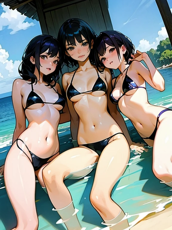 (((high resolution)))、
Low - Angle、masterpiece、Beautiful black-haired girls、cute、white micro bikinis、Girls huddling together、A girl with long hair and a girl with short hair、Dark Eyes、Bright smile、White teeth、Black shiny hair、Wet black hair、there body is wet、Seaside、sweating、high resolution　8K