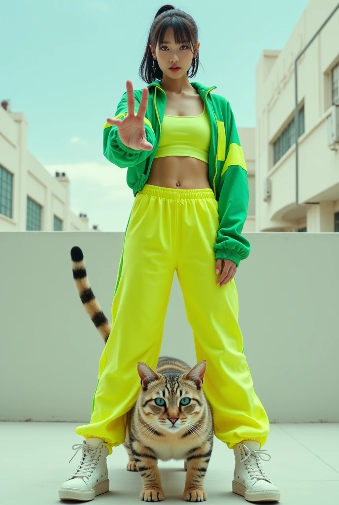 Full-body photo of a korean young woman holding out his hand fucking to present a hand with short ponitail black hair, blue eyes, riding a big giant a cat on the floor in a cool pose. Strong wide angle photography effect. She is dressed in an electric-yellow and green tracksuit and wears high-top white sneakers. She is isolated against a light city background and gestures a card to the camera in front of her. professional photography, sharp focus, intricate details, wide angle, fisheye --ar 39:64 --v 6.1