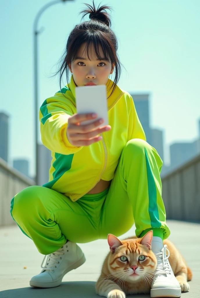 Full-body photo of a korean young woman holding out his hand fucking to present a hand with short ponitail black hair, blue eyes, riding a big giant a cat on the floor in a cool pose. Strong wide angle photography effect. She is dressed in an electric-yellow and green tracksuit and wears high-top white sneakers. She is isolated against a light city background and gestures a card to the camera in front of her. professional photography, sharp focus, intricate details, wide angle, fisheye --ar 39:64 --v 6.1