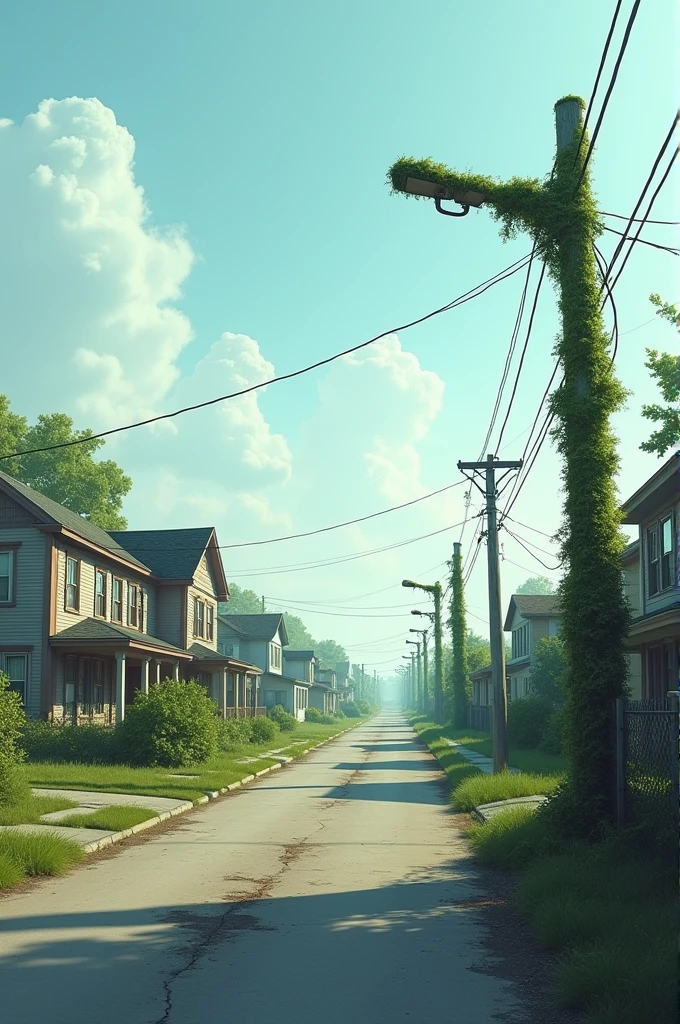 A realistic photo of an street with a few typical houses. The street lamps are broken and covered in moss. The sky is clear and everything has an empty feeling