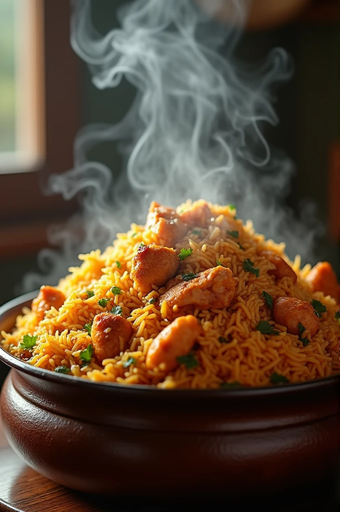 realistic image of a hot chicken rice biryani in a pot and a smoke coming out of it. biryani should be piled in pot and Chicken coming out of it