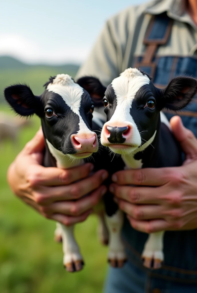 2 HF cows in farmers hand 