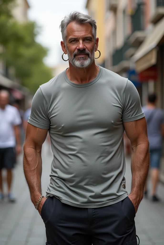 50-year-old man with a hoop earring in his right ear wearing tight shorts and a shirt
