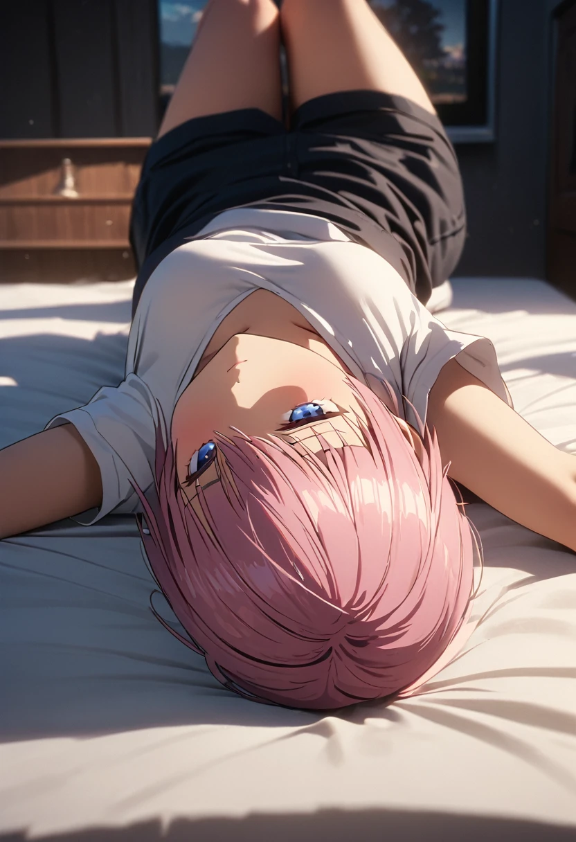 (Highest quality, 4K, 8k, High resolution, masterpiece:1.2), Very detailed, Picturesque, Animated Photography, Photo Animation:1.37)、A Japanese highschoolgirl、(Pink Hair)、(Pixie Cut),white shirt、short pants、black cheokr、 on bed、lying on back、Full body photography、Nakano ichika
