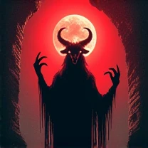 Flyer for metal event Dark cave with satanic pentagrams in the corners.
Small red moon that says Blood Moon Fest in black color Satanic Goat