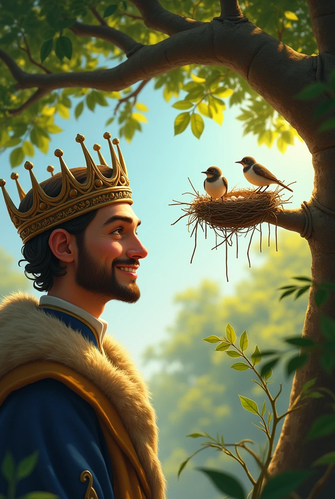 A side face of king smiling looking at the two sparrows gathering twigs and grass and makes a nest on the tree .