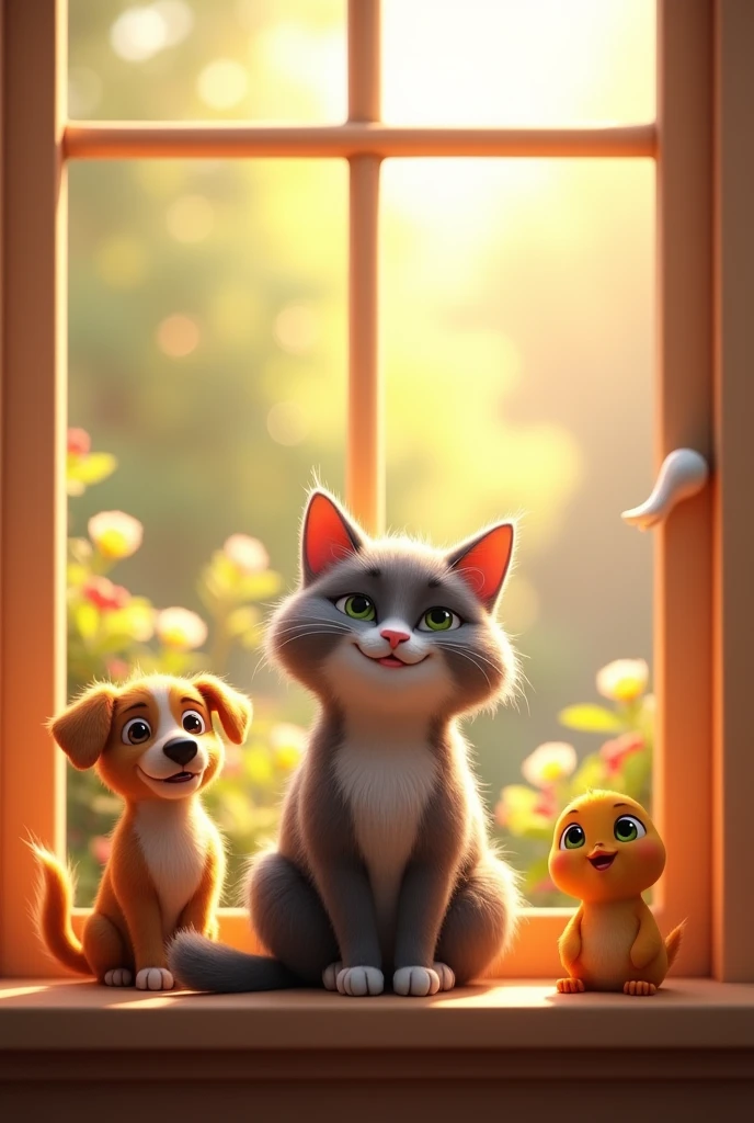 With a 3d Pixar Animation, A peaceful scene of a gray tabby cat sitting by a sunny window looking out at a blooming garden. The cat's expression is content and relaxed, with the warm light of a happy home surrounding her.
Add a and a with the cat..all have to smiling