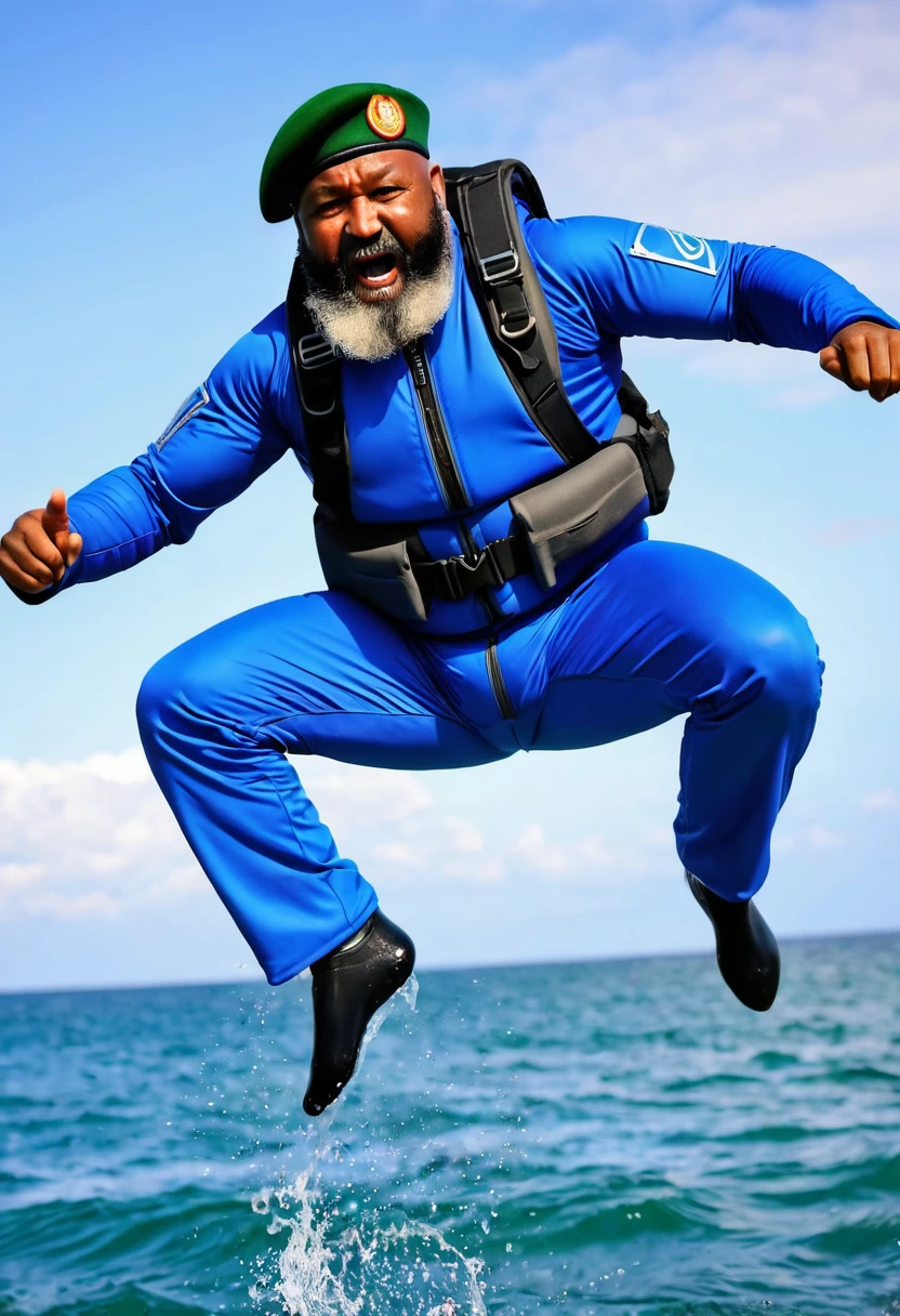 (a dark-skinned bearded fat old man in a bulky blue zipper diver suit) jumping from the sea, shooting with gun and (wearing army beret), muscular, Basuki Abdullah, sumatraism, action, a character portrait, heroic, fierce, angry