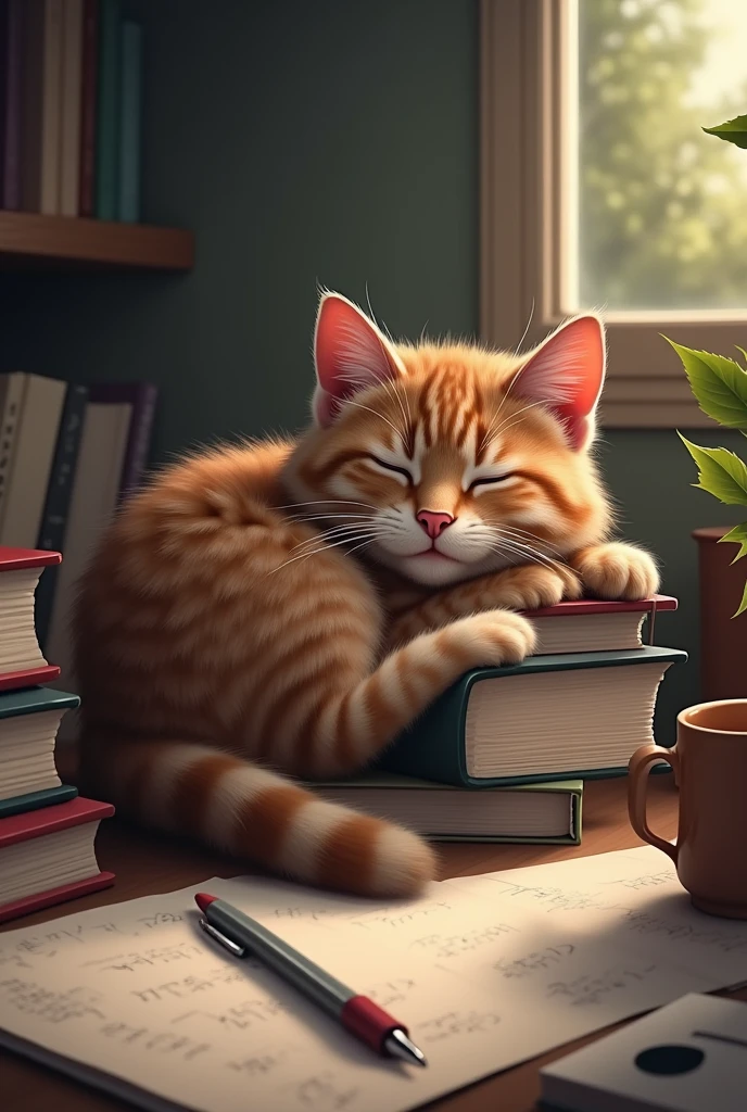 Cat while studying, sleeping on books,dreaming a girl cat