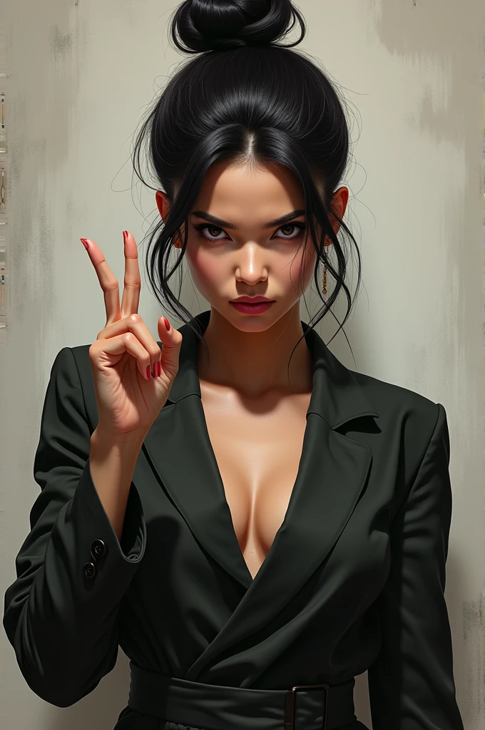 Nibi, a woman with her hair tied up, stands with two fingers raised in a dramatic mood.