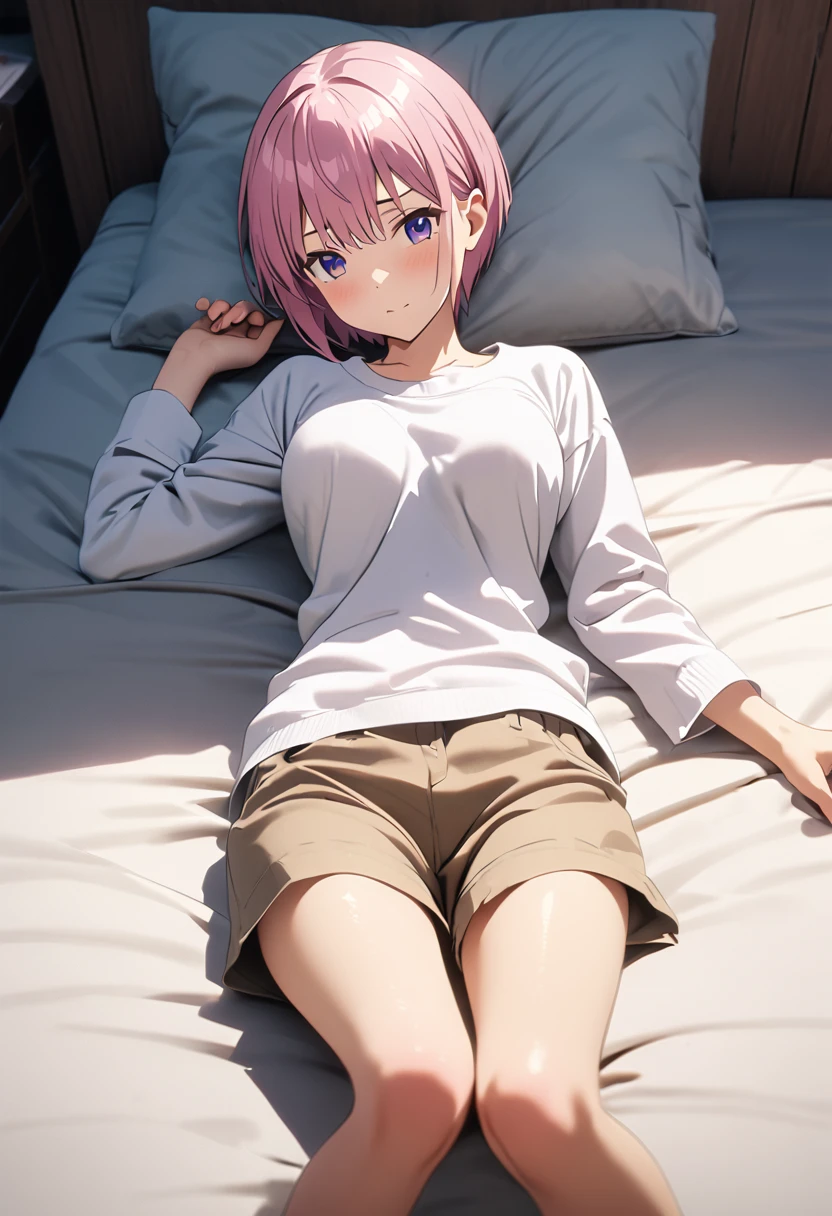 (Highest quality, 4K, 8k, High resolution, masterpiece:1.2), Very detailed, Picturesque, Animated Photography, Photo Animation:1.37)、A Japanese ******girl、(Pink Hair)、(Pixie Cut),white shirt、short pants、black cheokr、 on bed、lying on back、Full body photography、Nakano ichika
