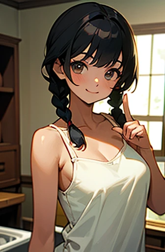 Top quality, in a room, teenage girl in white camisole, high resolution, beautiful details, serene atmosphere. Two braids of black hair, fair-skinned and cute Japanese woman. High resolution, super detailed, fine details, highly detailed, beautiful woman, serene atmosphere, shoulders, complexion, pointing finger, popular illustrations on pixiv, smiling in the kitchen