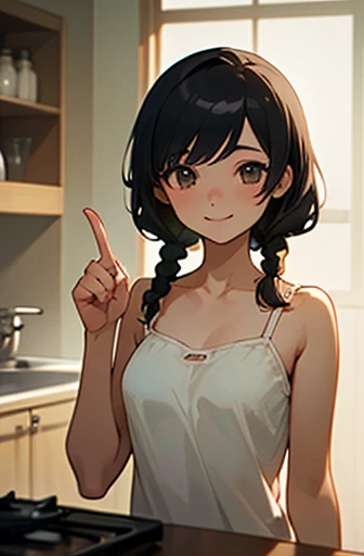 Top quality, in a room, teenage girl in white camisole, high resolution, beautiful details, serene atmosphere. Two braids of black hair, fair-skinned and cute Japanese woman. High resolution, super detailed, fine details, highly detailed, beautiful woman, serene atmosphere, shoulders, complexion, pointing finger, popular illustrations on pixiv, smiling in the kitchen