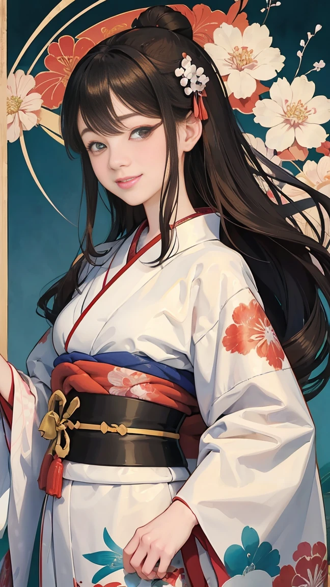 (SeaArt creates stunning illustrations of beautiful women in kimono)、Vividly colored Japanese Ukiyo-e style illustrations、A beautiful woman smiles and shows her upper white teeth、Brown-black long hair、Beautiful full body style、Let&#39;s dance a little Tokyo Ondo Yoiyoi、Beautiful new digital paintings,、Bright vibrant digital anime art、 Detailed digital anime art、 Beautiful anime portraits、background、Torii gate of the Japan shrine、Detailed CG、