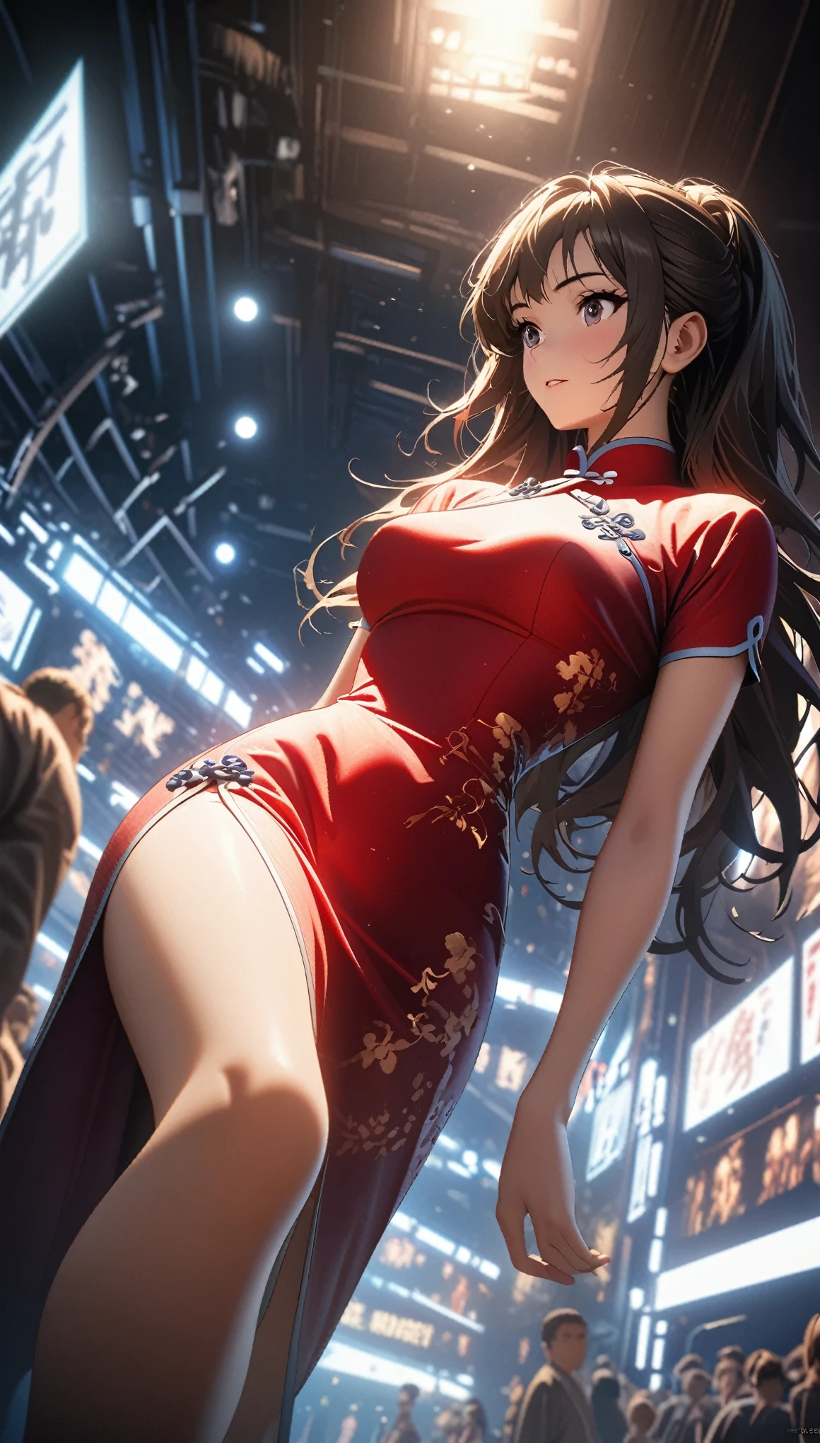 Cheongsam Girl,Long Hair,Pure white background,Depth of written boundary,Low angle view,Calf Level View,Overclocked Renderer,Cinema Lighting,Ultra-fine,Very detailed,complicated,Cinematic Perspective,CG Art,