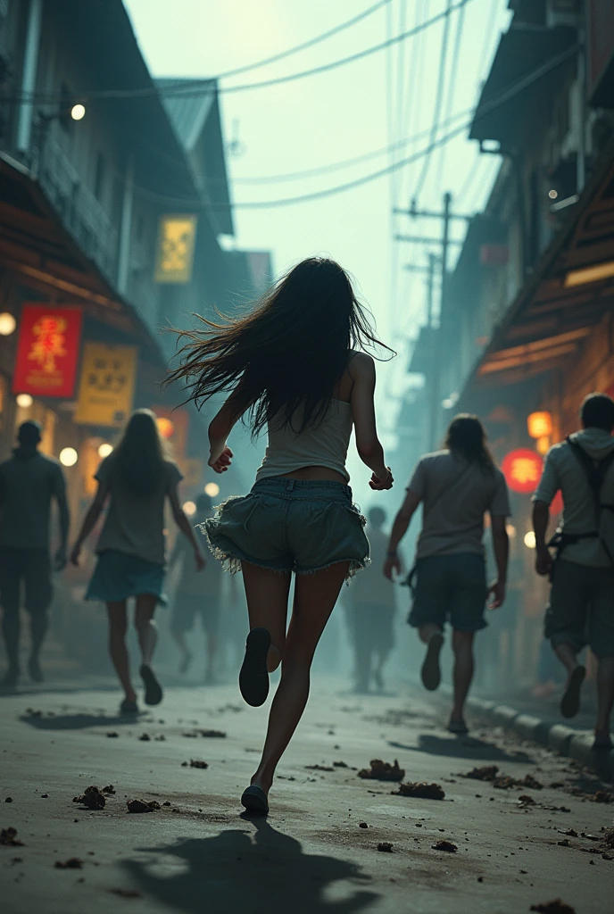 "Image of the zombie outbreak in Chiang Mai, Zombies walk along the pedestrian street, Escaping zombies, The atmosphere is gloomy.,There is a age girl with long black hair running to try to escape the zombies, action movie style."