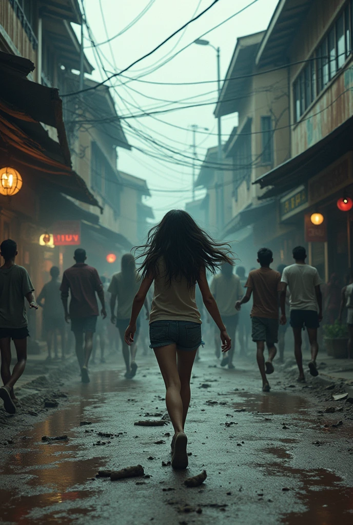 "Image of the zombie outbreak in Chiang Mai, Zombies walk along the pedestrian street, Escaping zombies, The atmosphere is gloomy.,There is a age girl with long black hair running to try to escape the zombies, action movie style."