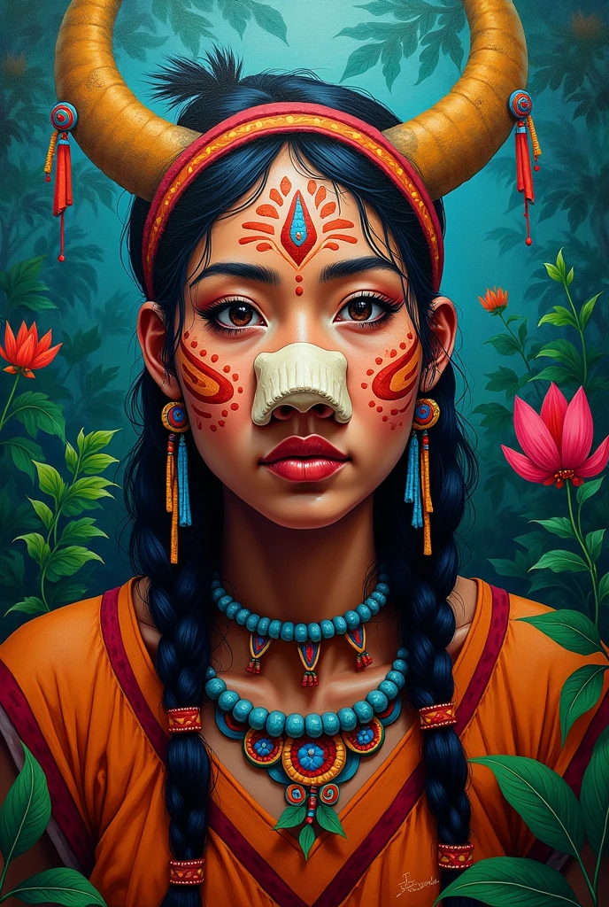 Portrait wild native woman bone in nose in jungle colorful painting 

