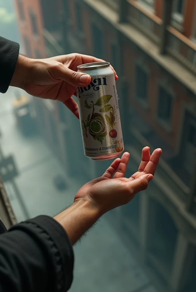 dropping a juice can from top with hand