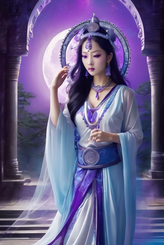 Temple of the Night。Blue Full Moon。Purple Magic Circle。Divine Veil of Light。mysterious。goddess。White thin clothing。purple ornaments。