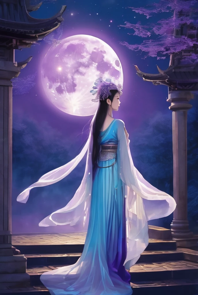 Temple of the Night。Blue Full Moon。Purple Magic Circle。Divine Veil of Light。mysterious。goddess。White thin clothing。purple ornaments。