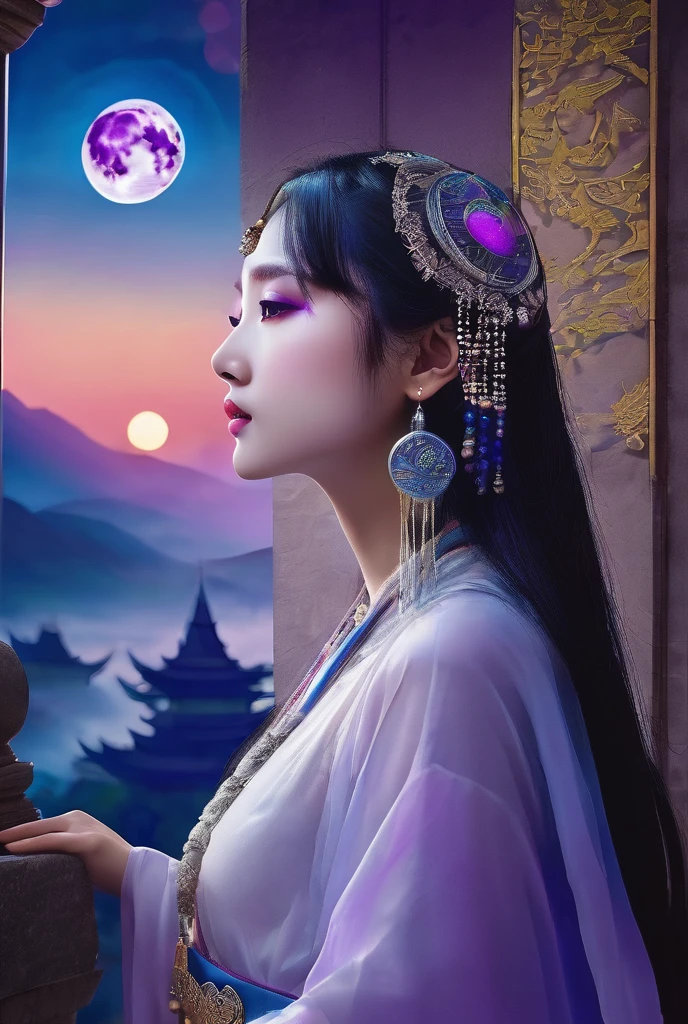 Temple of the Night。Blue Full Moon。Purple Magic Circle。Divine Veil of Light。mysterious。goddess。White thin clothing。purple ornaments。