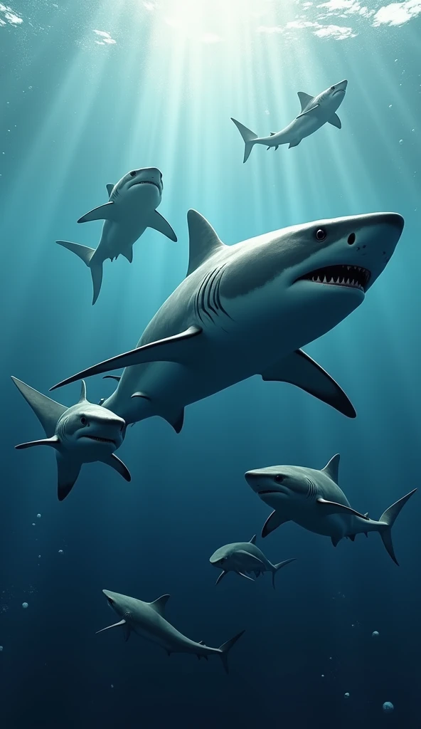 Create an image of a tiger shark with varying sizes of offspring, demonstrating its ability to change their size."  4k
