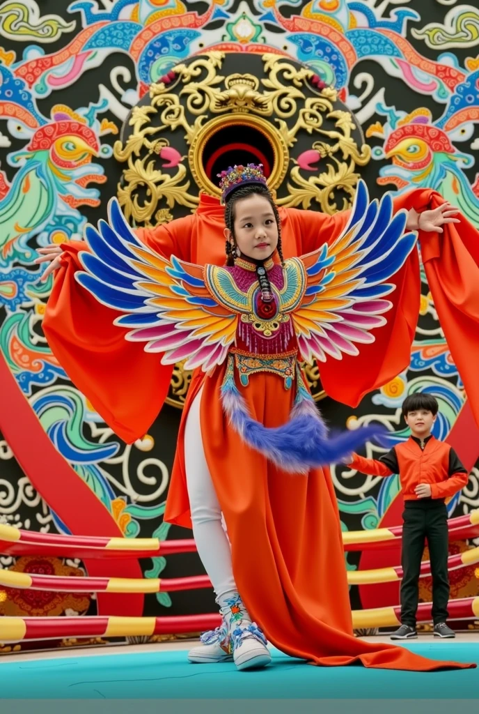 Phoenix Resurrection Dance、(One child:1.2)、(Traditional Japanese Bugaku:1.4)、(Phoenix feather costume:1.2)、(Children wear costumes modeled after phoenix feathers and perform a dance symbolizing the phoenix&#39;s return from the underworld.)、The background is filled with a huge decorative pattern of a large drum.、The pattern is auspicious, with phoenixes and five-colored clouds.、中央は太鼓で金箔が貼られていて稚児の舞をdramaticに浮かび上がらせます、Please summarize the whole picture、dramatic、Photorealistic、
