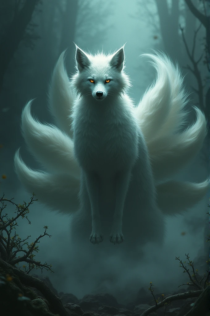 high quality, 8k ultra hd,  Shadow image, The terrifying Kisune with its 9 tails
