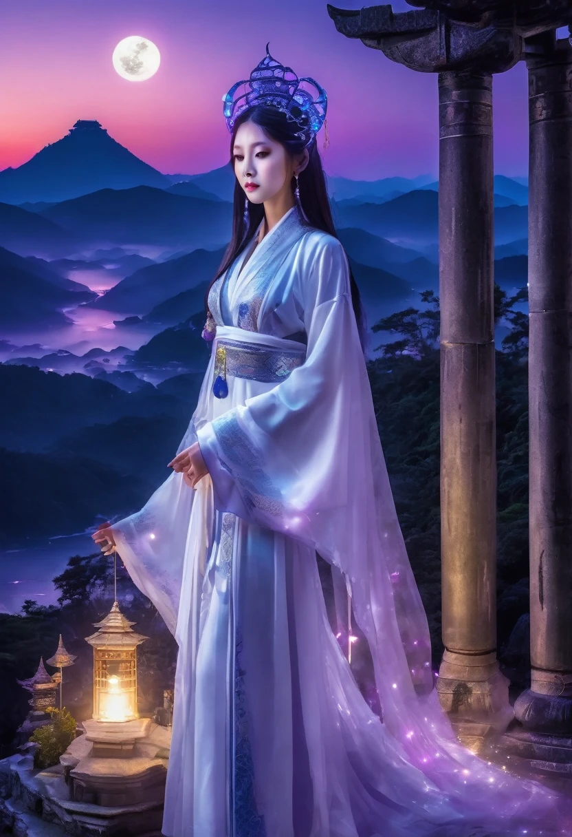 Temple of the Night。Blue Full Moon。Purple Magic Circle。Divine Veil of Light。mysterious。goddess。White thin clothing。purple ornaments。