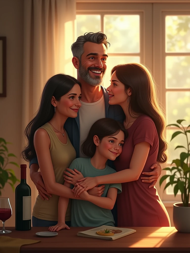 Here is the revised translation with a focus on human elements:

*A man in his forties, Marc, stands in a warm and inviting home. He is smiling, surrounded by his wife and their three children. The scene is bathed in natural sunlight pouring through the windows. On a nearby table, there's a bottle of wine and a half-filled glass, quietly hinting at the beginning of his struggle.*