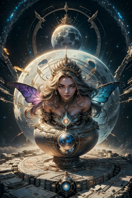 A light sky battle ship surround by the magician circle with inside the orb has a diamond, many shining butterfly, sparkle sky, shining, gust of wind, light bright flowers, sun and moon, dark light of fantastic and cosmological with universal. Amazing view very bright and warm starry. Detail, HD, Enchanted. Dynamic, Gorgeous, Multiple colours. Beautiful perfect face and anatomy. Amazing bright clothes. Very epic and bright. Handsome. Sky half bright, half starry dark, split up sky into day and night.